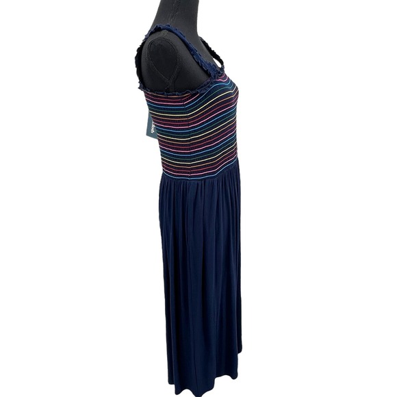 New Modcloth Navy Knit Multicolor Smocked Rainbow Jumpsuite Large - Picture 3 of 8